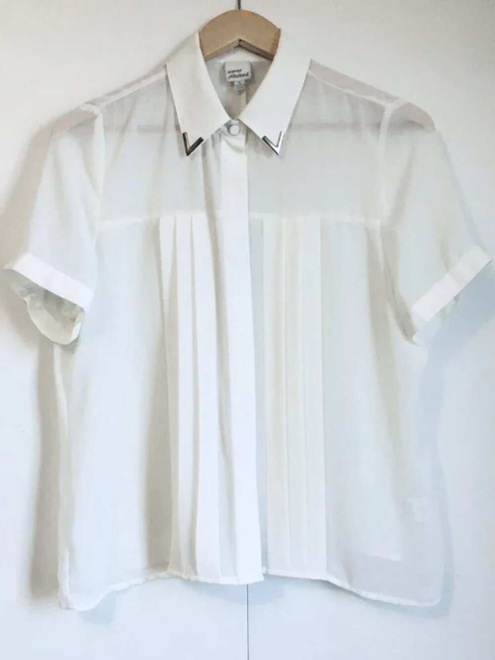 Vintage Off-White Sheer Pintuck Blouse Metal V-Lapel Accent XL